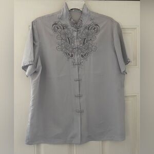 Unisex Vintage Hand Embroidered Mandarin Collar Shirt by Rose Brand.